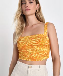 All Tied Up Yellow Floral Print Cropped Tie-Back Tank Top