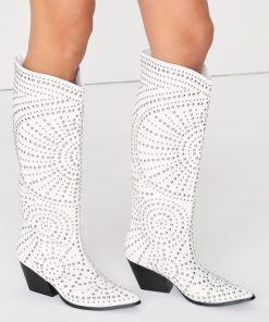 Zachariah White Studded Pointed-Toe Knee-High Western Boots