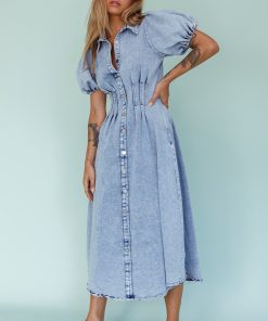 ZURICH PLEATED WAIST MIDI DRESS DENIM BLUE