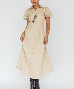 ZURICH PLEATED WAIST MIDI DRESS BEIGE