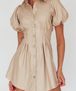 ZURICH PLEATED WAIST SHIRT DRESS FAUX LEATHER NUDE