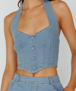 ZURICH HALTER CROP TOP DENIM BLUE