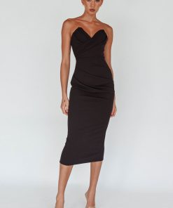 YOURS ALONE GATHERED DETAIL MIDI DRESS BLACK