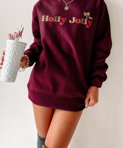 "Holly Jolly" Graphic Crewneck Sweatshirt (Maroon) - Print On Demand