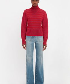 Ribbed Detail Polo Neck In Red