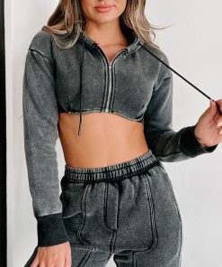 You're Gonna Miss Me Mineral Wash Crop Zipper Hoodie (Washed Black)