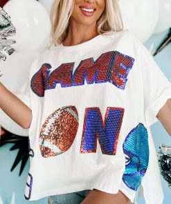 "Game On" Oversized Sequin Graphic Top (White)