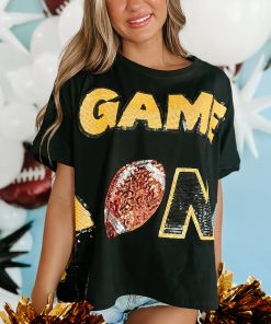 "Game On" Oversized Sequin Graphic Top (Black)