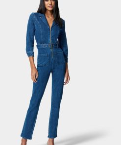 ZIP FRONT BELTED SKINNY LEG DENIM JUMPSUIT