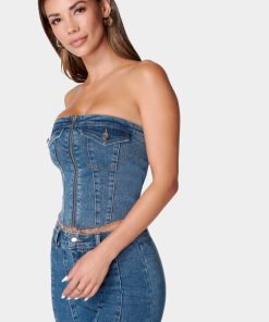 ZIP FRONT SMOCKED BACK DENIM BUSTIER