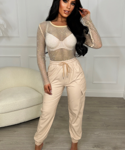 Your Destiny Beige Faux Leather Elasticated Hem Cargo Trouser