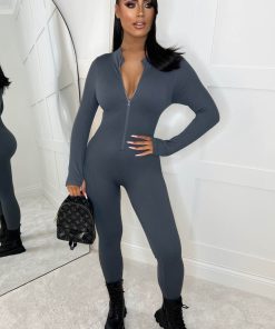 Zip Me Up Grey Long Sleeve Waist Cinching Zip Up Unitard