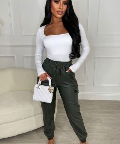 Your Destiny Khaki Faux Leather Elasticated Hem Cargo Trouser
