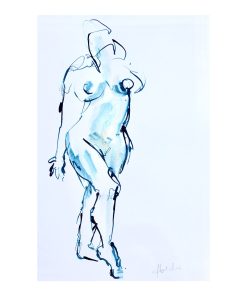 "Blue Nude" Contemporary Figurative Blue and White Ink Drawing.