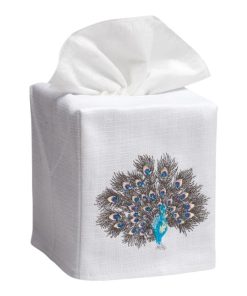 Cream Sand Piper Tissue Box Cover in White Linen & Cotton, Embroidered
