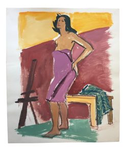 "Pink Towel" Bay Area Figurative Gouache Painting 1950s